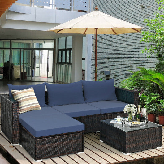 5 Pieces Patio Rattan Sectional Furniture Set with Cushions and Coffee Table -Navy - Color: Navy - Scarvesnthangs