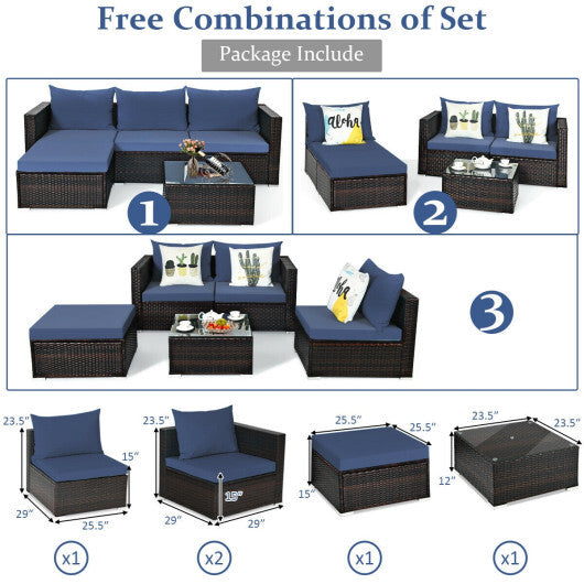 5 Pieces Patio Rattan Sectional Furniture Set with Cushions and Coffee Table -Navy - Color: Navy - Scarvesnthangs