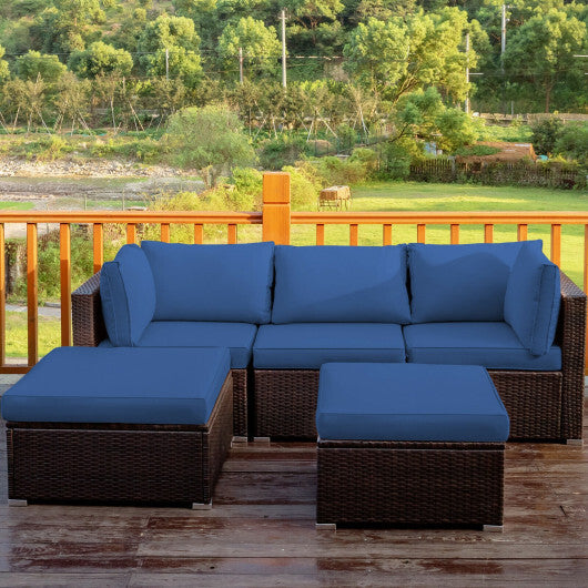 5 Pieces Patio Rattan Sofa Set with Cushion and Ottoman-Navy - Color: Navy - Scarvesnthangs