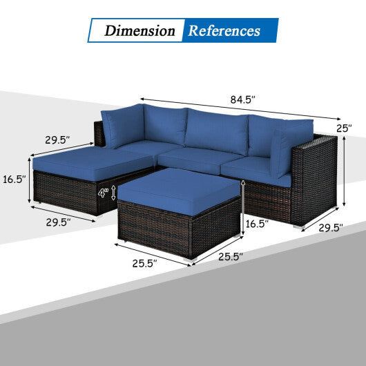 5 Pieces Patio Rattan Sofa Set with Cushion and Ottoman-Navy - Color: Navy - Scarvesnthangs