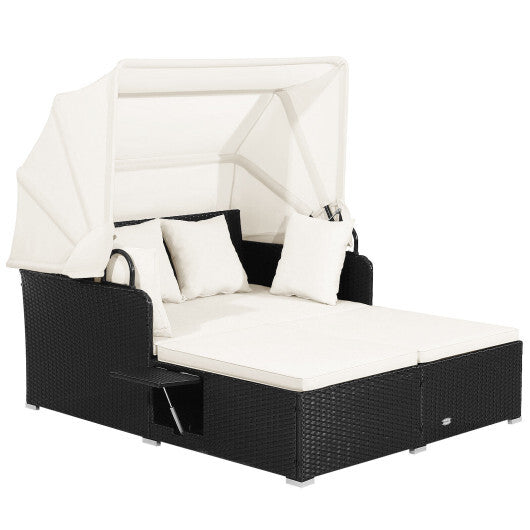 Patio Rattan Daybed with Retractable Canopy and Side Tables-Off White - Scarvesnthangs