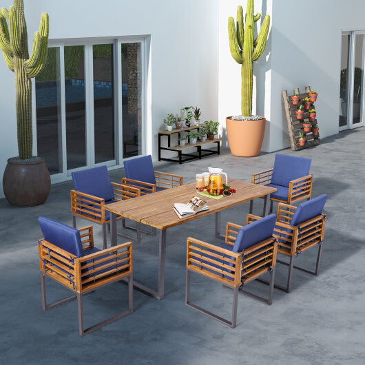 7 Pieces Patio Acacia Wood Dining Chair and Table Set for Backyard and Poolside-Navy - Scarvesnthangs