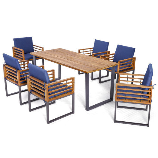 7 Pieces Patio Acacia Wood Dining Chair and Table Set for Backyard and Poolside-Navy - Scarvesnthangs