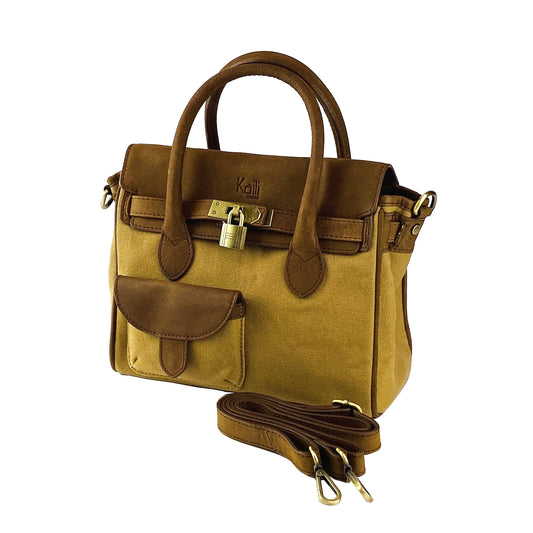 K0042BACB | Mini Handbag in Canvas/Genuine Leather Made in Italy. Removable shoulder strap. Attachments with metal snap hooks in Antique Brass - Hazelnut color - Dimensions: 24 x 20 x 12 cm-0