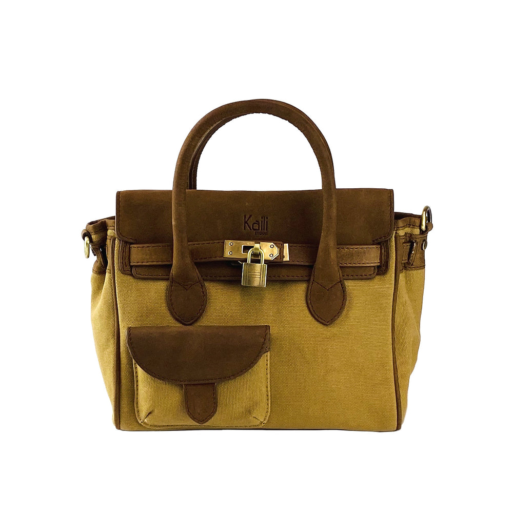 K0042BACB | Mini Handbag in Canvas/Genuine Leather Made in Italy. Removable shoulder strap. Attachments with metal snap hooks in Antique Brass - Hazelnut color - Dimensions: 24 x 20 x 12 cm-1