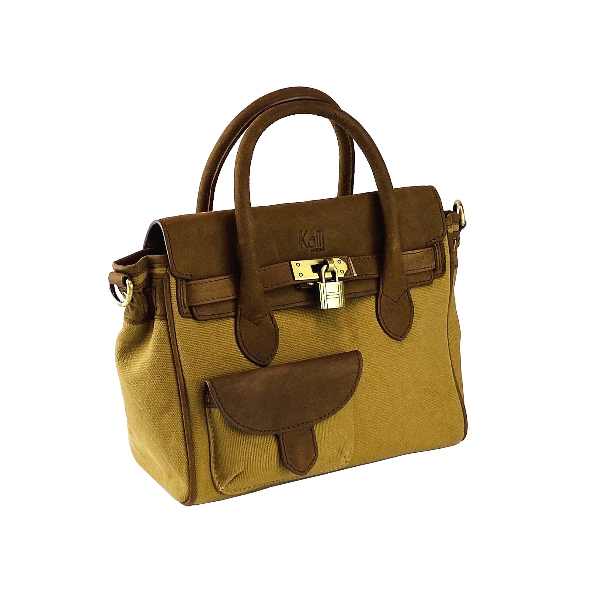 K0042BACB | Mini Handbag in Canvas/Genuine Leather Made in Italy. Removable shoulder strap. Attachments with metal snap hooks in Antique Brass - Hazelnut color - Dimensions: 24 x 20 x 12 cm-2