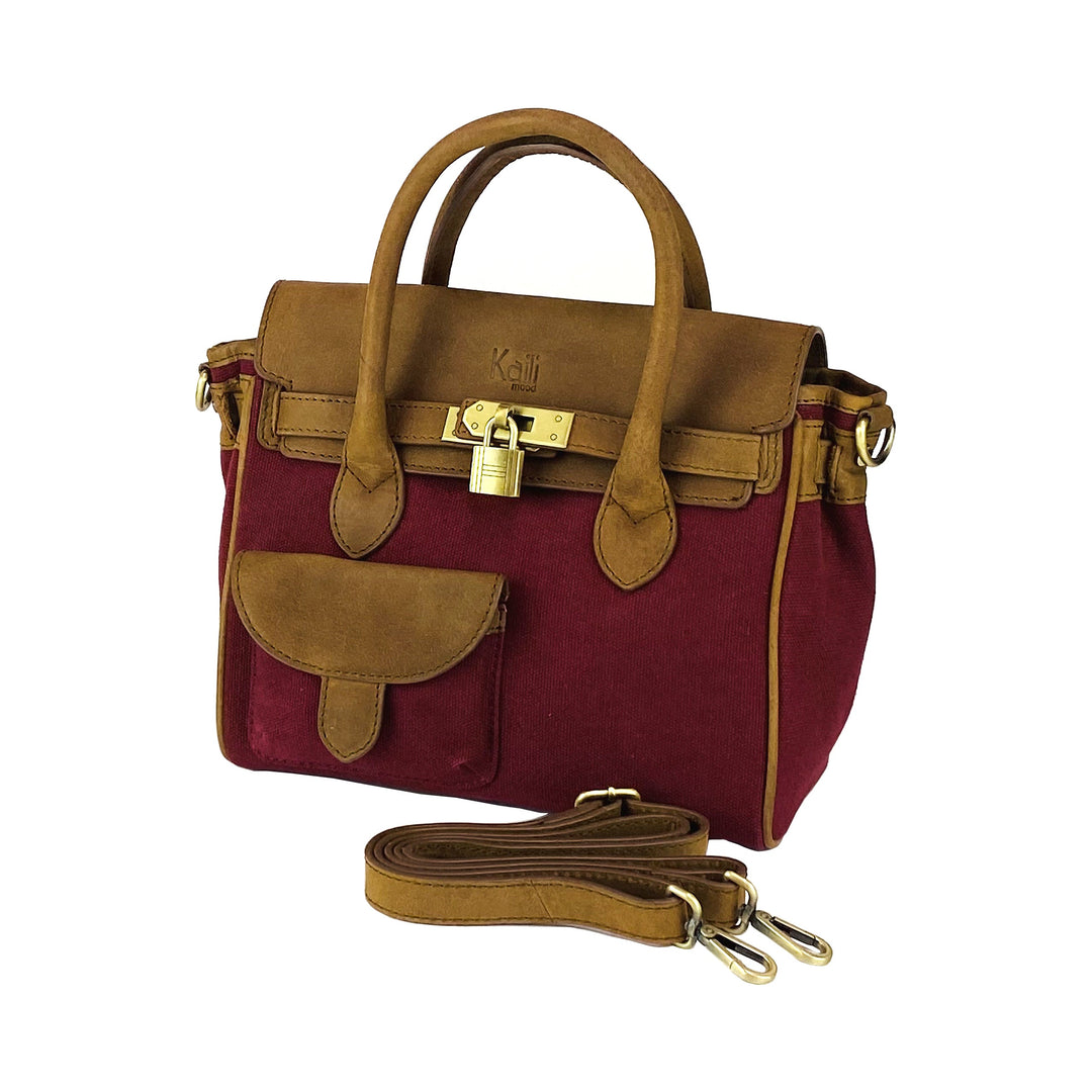 K0042XCB | Mini Handbag in Canvas/Genuine Leather Made in Italy. Removable shoulder strap. Attachments with metal snap hooks in Antique Brass - Bordeaux color - Dimensions: 24 x 20 x 12 cm-0