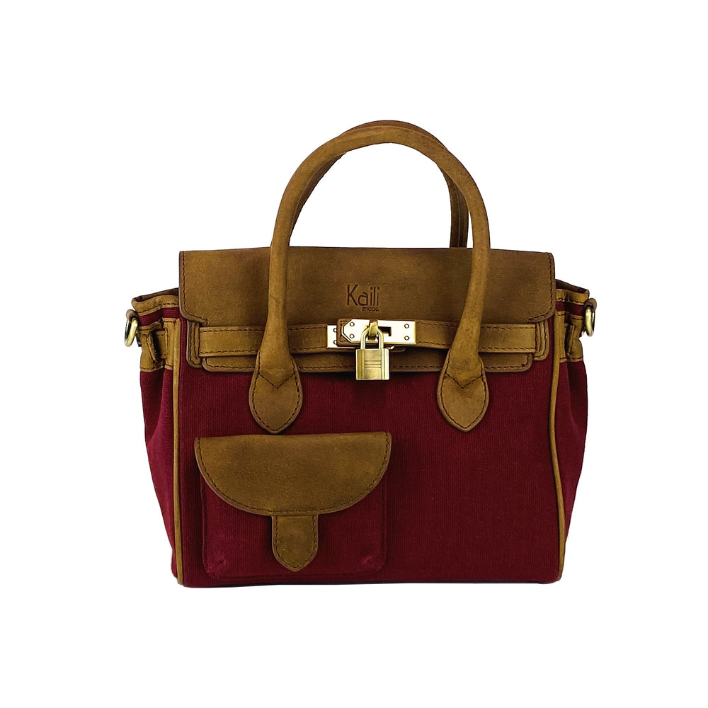 K0042XCB | Mini Handbag in Canvas/Genuine Leather Made in Italy. Removable shoulder strap. Attachments with metal snap hooks in Antique Brass - Bordeaux color - Dimensions: 24 x 20 x 12 cm-1