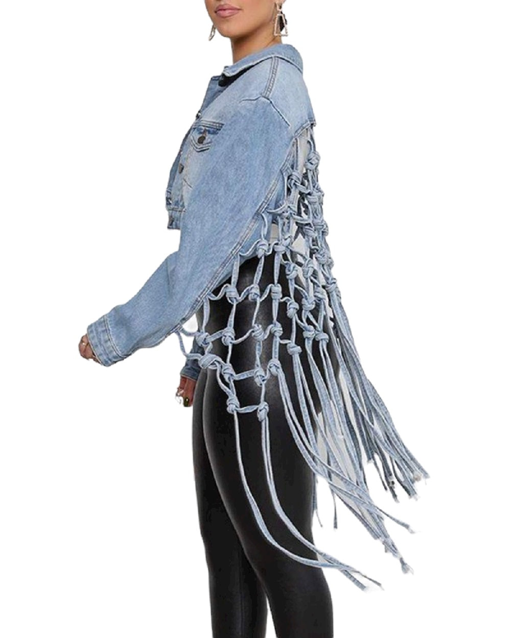 Loose Fringe Grid Tassel Back Denim Crop Jacket - Scarvesnthangs