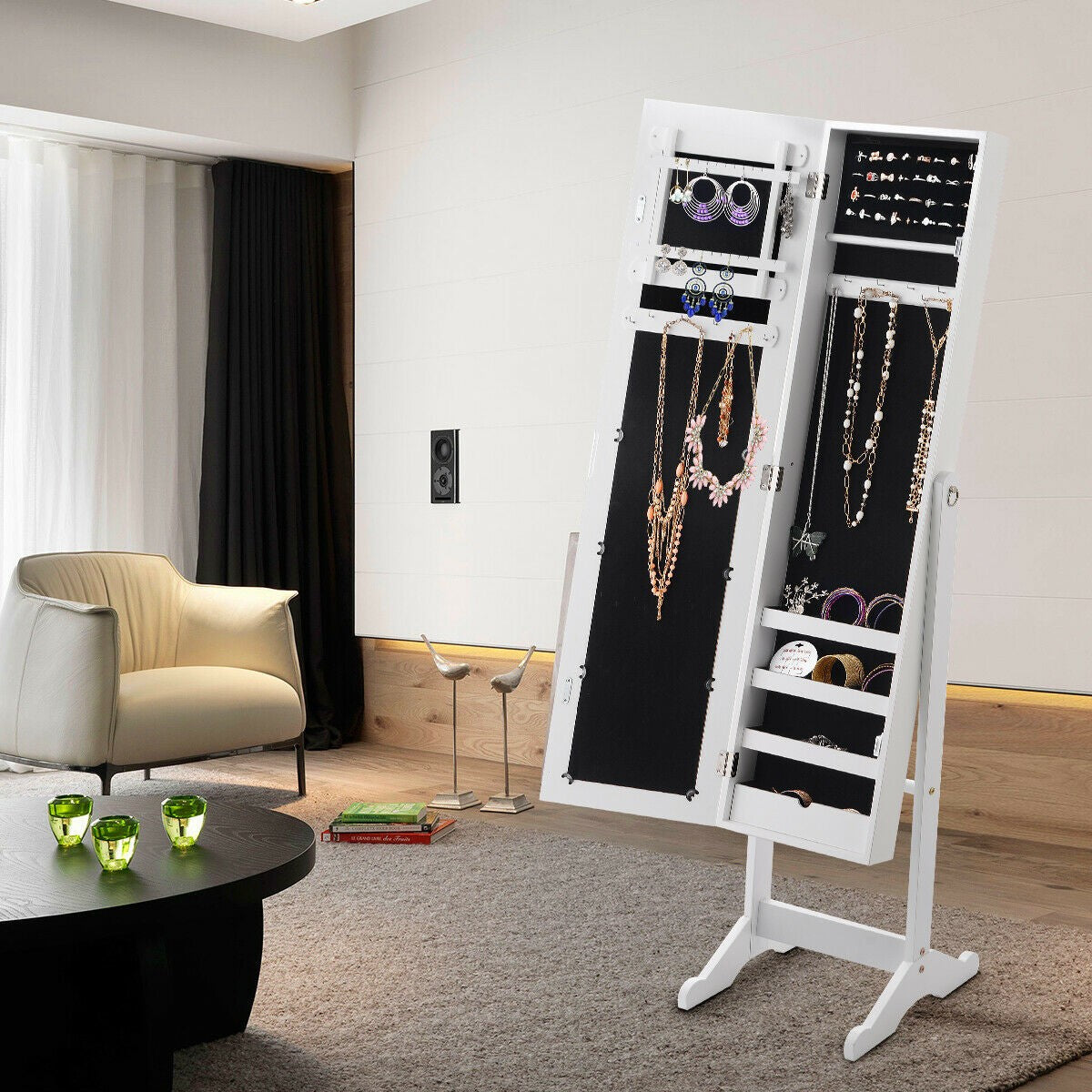 Mirrored Standing Jewelry Cabinet Storage Box - Scarvesnthangs