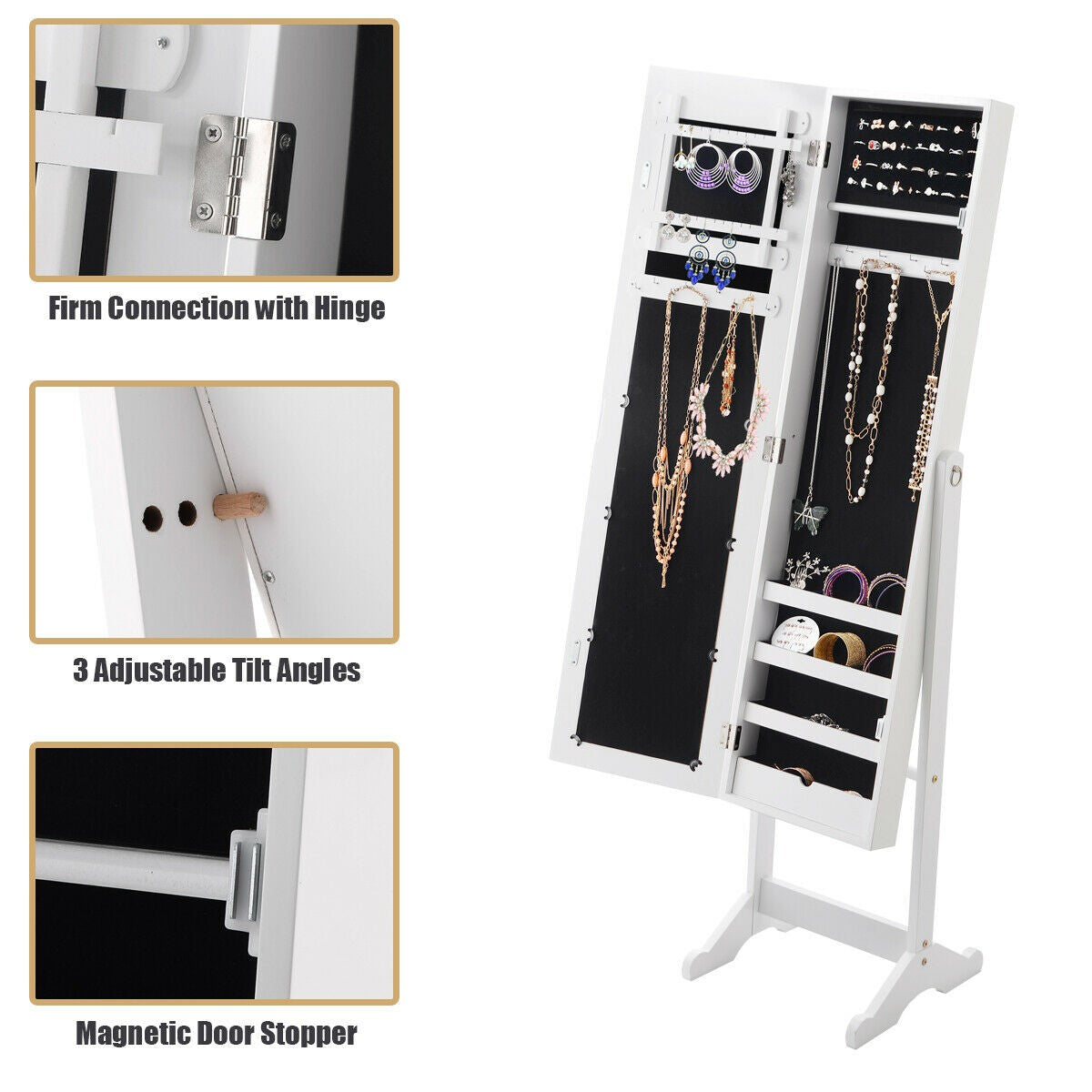 Mirrored Standing Jewelry Cabinet Storage Box - Scarvesnthangs