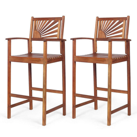 2 Pieces Outdoor Acacia Wood Bar Chairs with Sunflower Backrest and Armrests - Scarvesnthangs