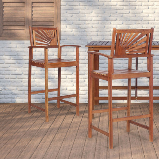 2 Pieces Outdoor Acacia Wood Bar Chairs with Sunflower Backrest and Armrests - Scarvesnthangs