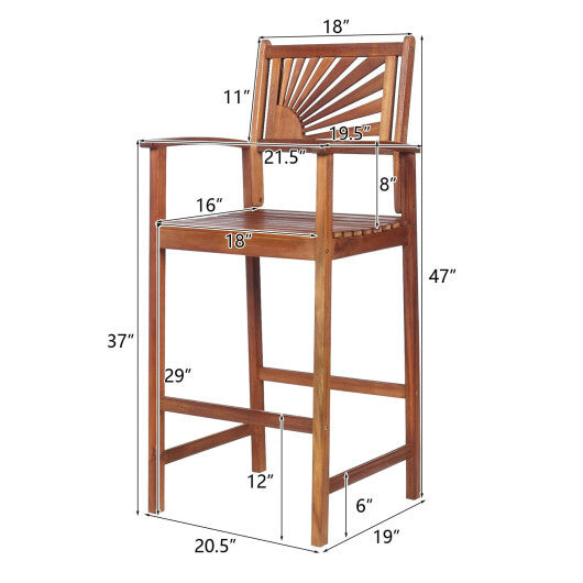 2 Pieces Outdoor Acacia Wood Bar Chairs with Sunflower Backrest and Armrests - Scarvesnthangs