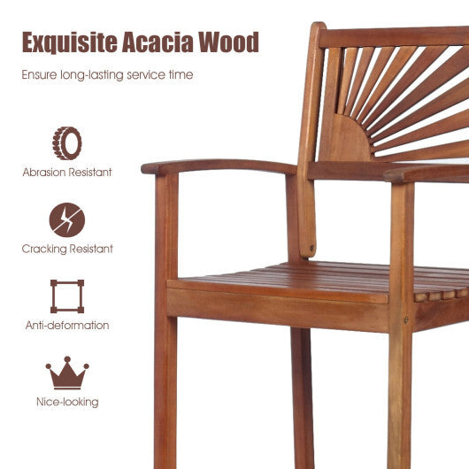 2 Pieces Outdoor Acacia Wood Bar Chairs with Sunflower Backrest and Armrests - Scarvesnthangs