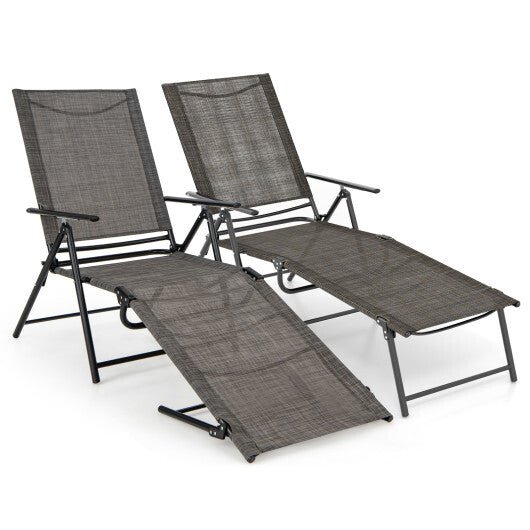 2 Piece Patio Folding Chaise Lounge Chairs Recliner with 6-Level Backrest-Coffee - Scarvesnthangs
