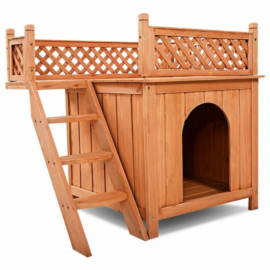 Wooden Dog House with Stairs and Raised Balcony for Puppy and Cat - Scarvesnthangs