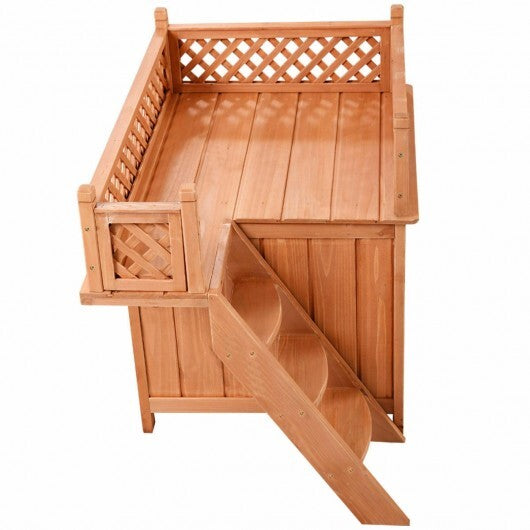 Wooden Dog House with Stairs and Raised Balcony for Puppy and Cat - Scarvesnthangs
