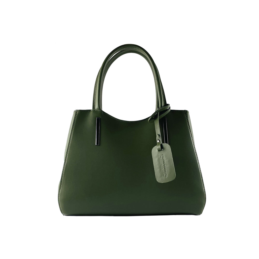 RB1004E | Handbag in Genuine Leather Made in Italy with removable shoulder strap and attachments with metal snap-hooks in Gunmetal - Green color - Dimensions: 33 x 25 x 15 cm + Handles 13 cm-0