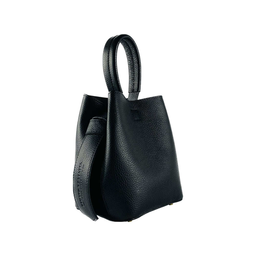 RB1006A | Bucket Bag with Clutch in Genuine Leather Made in Italy. Shoulder bag with shiny gold metal lobster clasp attachments - Black color - Dimensions: 16 x 14 x 21 cm + Handle 13 cm-0