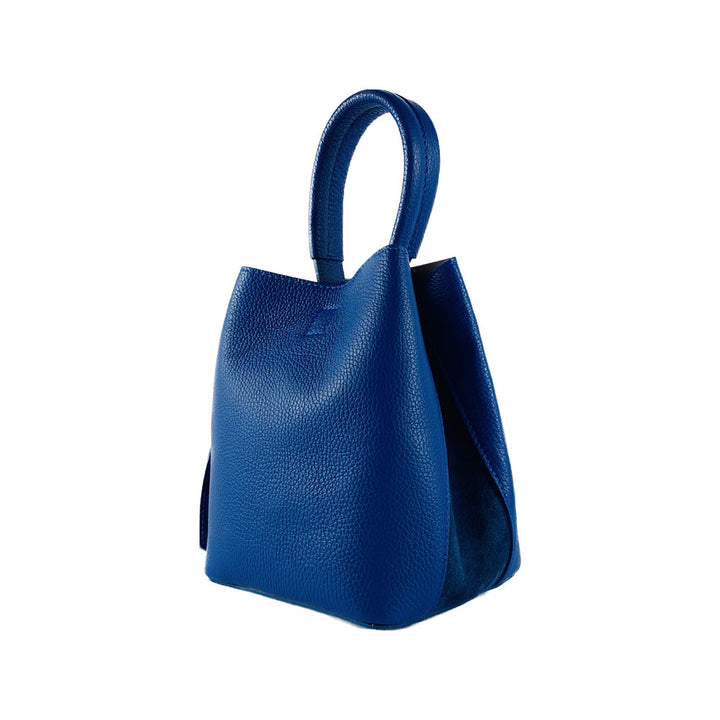 RB1006CH | Bucket Bag with Clutch in Genuine Leather Made in Italy. Shoulder bag with shiny gold metal lobster clasp attachments - Royal Blue - Dimensions: 16 x 14 x 21 cm + Handle 13 cm-1