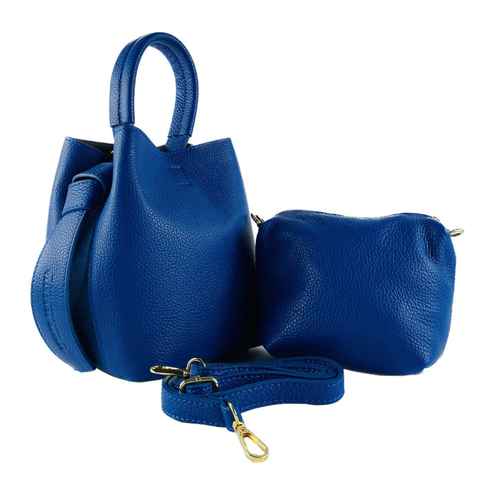 RB1006CH | Bucket Bag with Clutch in Genuine Leather Made in Italy. Shoulder bag with shiny gold metal lobster clasp attachments - Royal Blue - Dimensions: 16 x 14 x 21 cm + Handle 13 cm-4
