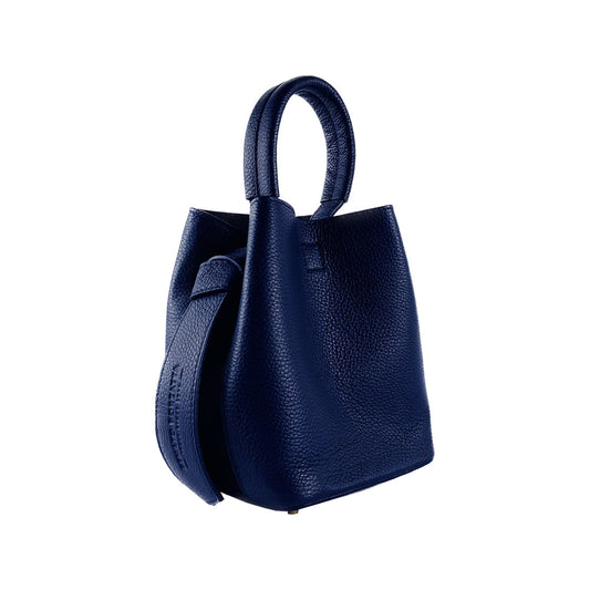 RB1006D | Bucket Bag with Clutch in Genuine Leather Made in Italy. Shoulder bag with shiny gold metal lobster clasp attachments - Blue color - Dimensions: 16 x 14 x 21 cm + Handle 13 cm-0