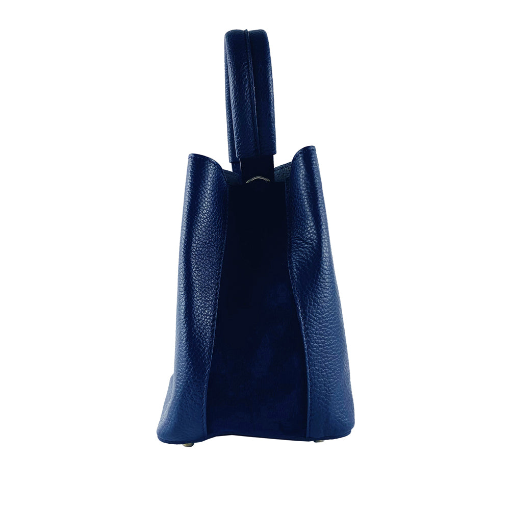 RB1006D | Bucket Bag with Clutch in Genuine Leather Made in Italy. Shoulder bag with shiny gold metal lobster clasp attachments - Blue color - Dimensions: 16 x 14 x 21 cm + Handle 13 cm-3