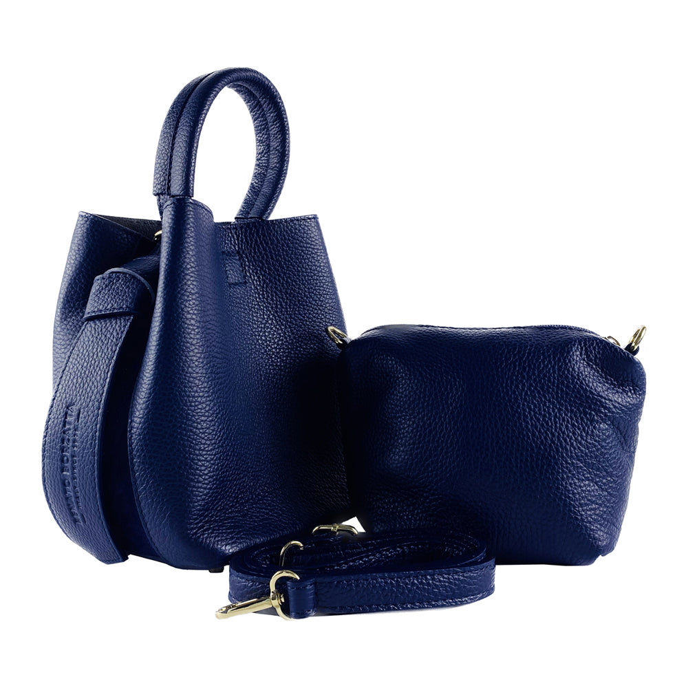 RB1006D | Bucket Bag with Clutch in Genuine Leather Made in Italy. Shoulder bag with shiny gold metal lobster clasp attachments - Blue color - Dimensions: 16 x 14 x 21 cm + Handle 13 cm-4