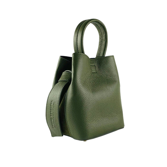 RB1006E | Bucket Bag with Clutch in Genuine Leather Made in Italy. Shoulder bag with shiny gold metal lobster clasp attachments - Green color - Dimensions: 16 x 14 x 21 cm + Handle 13 cm-0