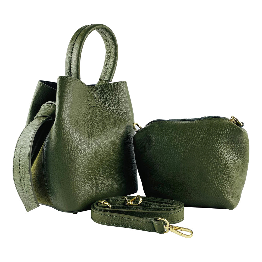 RB1006E | Bucket Bag with Clutch in Genuine Leather Made in Italy. Shoulder bag with shiny gold metal lobster clasp attachments - Green color - Dimensions: 16 x 14 x 21 cm + Handle 13 cm-4