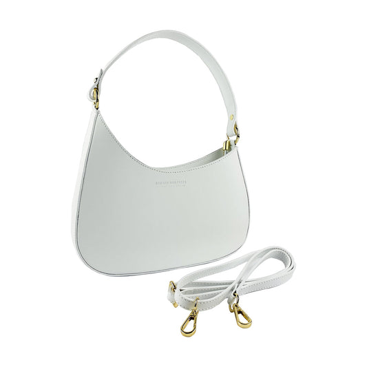 RB1013W | Women's shoulder bag and removable shoulder strap in Genuine Leather Made in Italy. Attachments with shiny gold metal snap hooks - White color - Dimensions: 28 x 6 x 25 + 12 cm (handle)-0