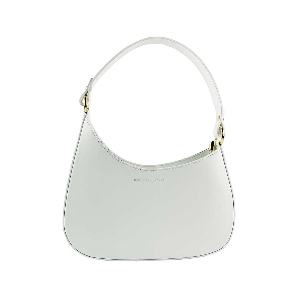 RB1013W | Women's shoulder bag and removable shoulder strap in Genuine Leather Made in Italy. Attachments with shiny gold metal snap hooks - White color - Dimensions: 28 x 6 x 25 + 12 cm (handle)-1