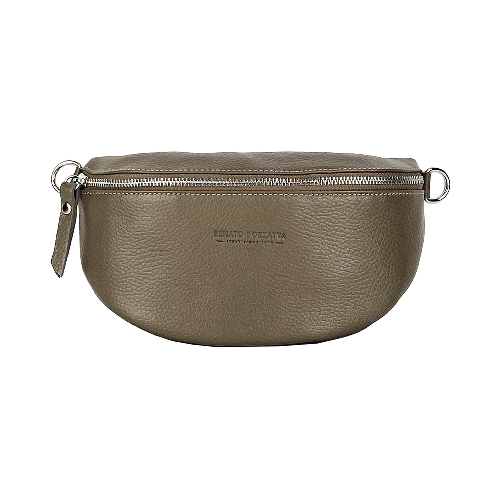 RB1015AQ | Waist bag with removable shoulder strap in Genuine Leather Made in Italy. Attachments with shiny nickel metal snap hooks - Taupe color - Dimensions: 24 x 14 x 7-1