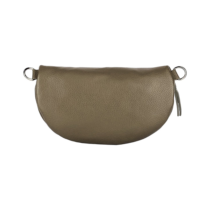 RB1015AQ | Waist bag with removable shoulder strap in Genuine Leather Made in Italy. Attachments with shiny nickel metal snap hooks - Taupe color - Dimensions: 24 x 14 x 7-2