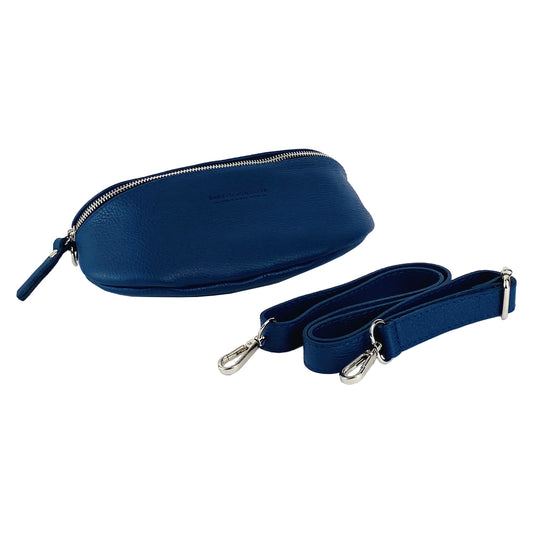 RB1015D | Waist bag with removable shoulder strap in Genuine Leather Made in Italy. Attachments with shiny nickel metal snap hooks - Blue color - Dimensions: 24 x 14 x 7-0