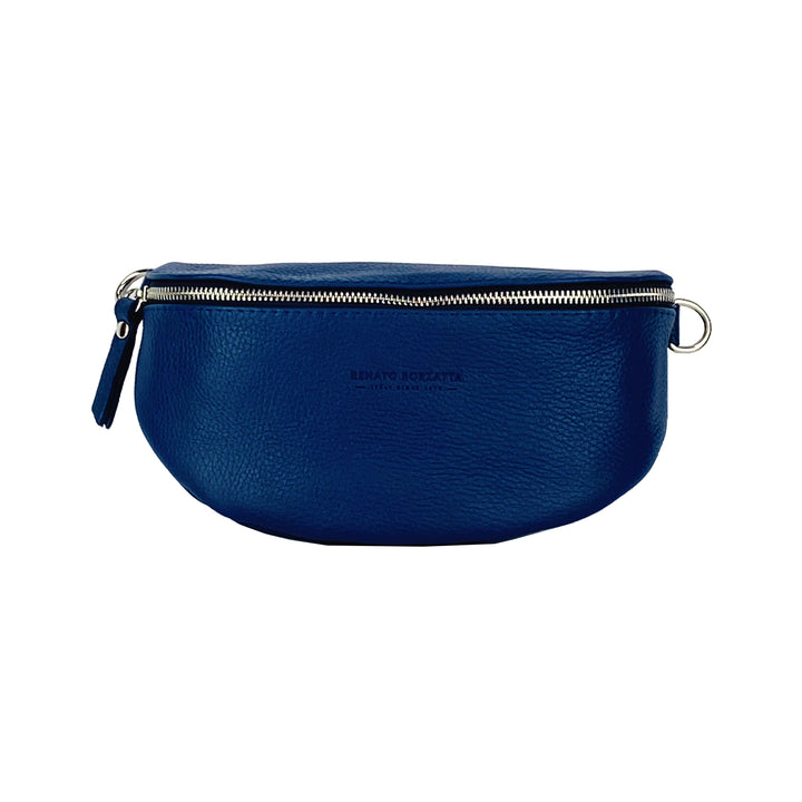 RB1015D | Waist bag with removable shoulder strap in Genuine Leather Made in Italy. Attachments with shiny nickel metal snap hooks - Blue color - Dimensions: 24 x 14 x 7-1