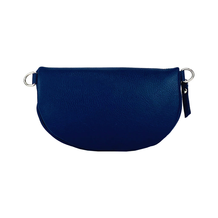 RB1015D | Waist bag with removable shoulder strap in Genuine Leather Made in Italy. Attachments with shiny nickel metal snap hooks - Blue color - Dimensions: 24 x 14 x 7-2