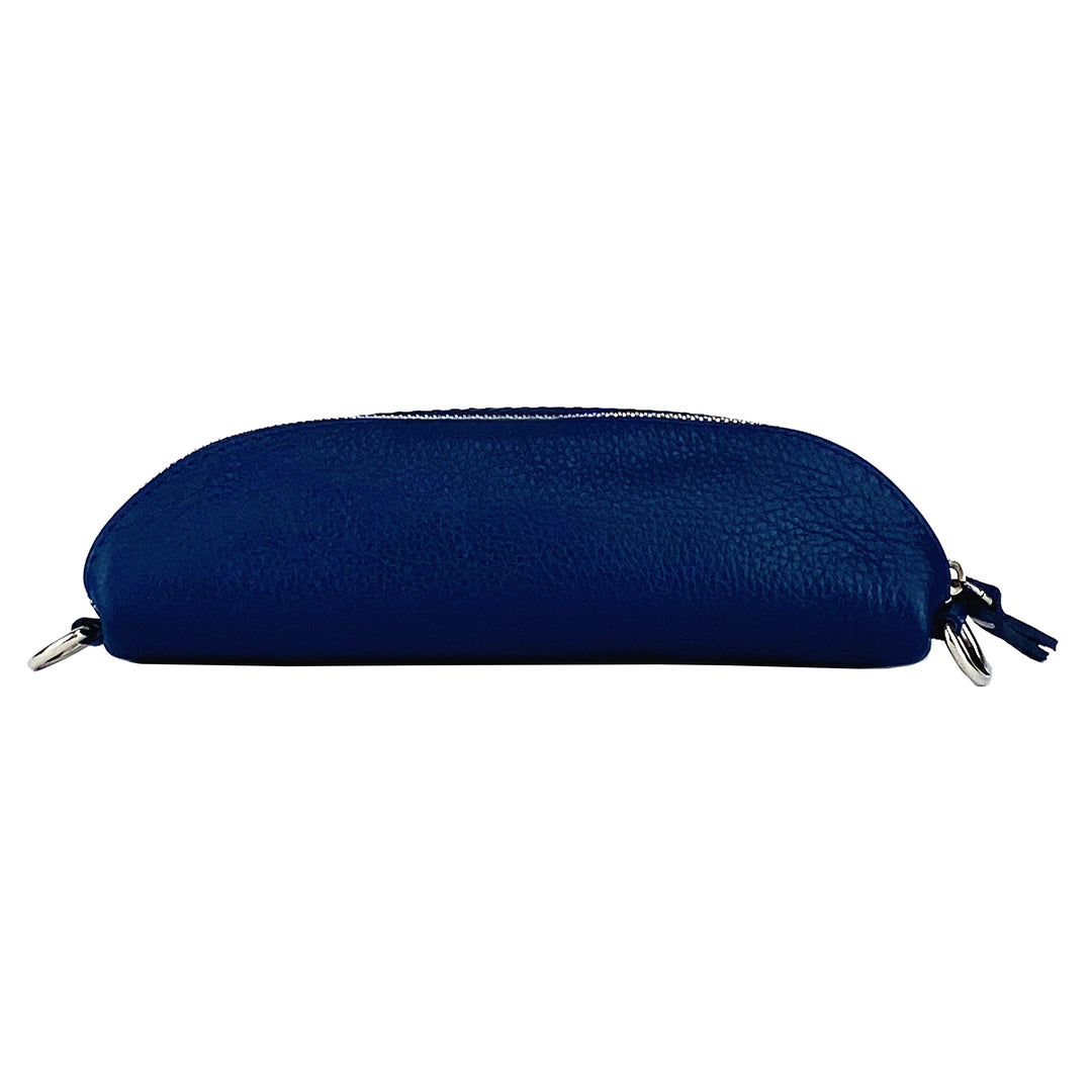 RB1015D | Waist bag with removable shoulder strap in Genuine Leather Made in Italy. Attachments with shiny nickel metal snap hooks - Blue color - Dimensions: 24 x 14 x 7-3