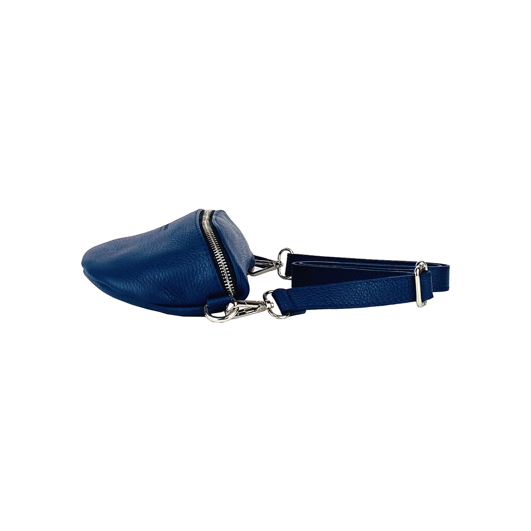 RB1015D | Waist bag with removable shoulder strap in Genuine Leather Made in Italy. Attachments with shiny nickel metal snap hooks - Blue color - Dimensions: 24 x 14 x 7-5