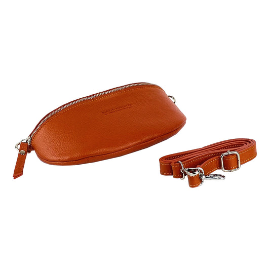 RB1015L | Waist bag with removable shoulder strap in Genuine Leather Made in Italy. Attachments with shiny nickel metal snap hooks - Orange color - Dimensions: 24 x 14 x 7-0