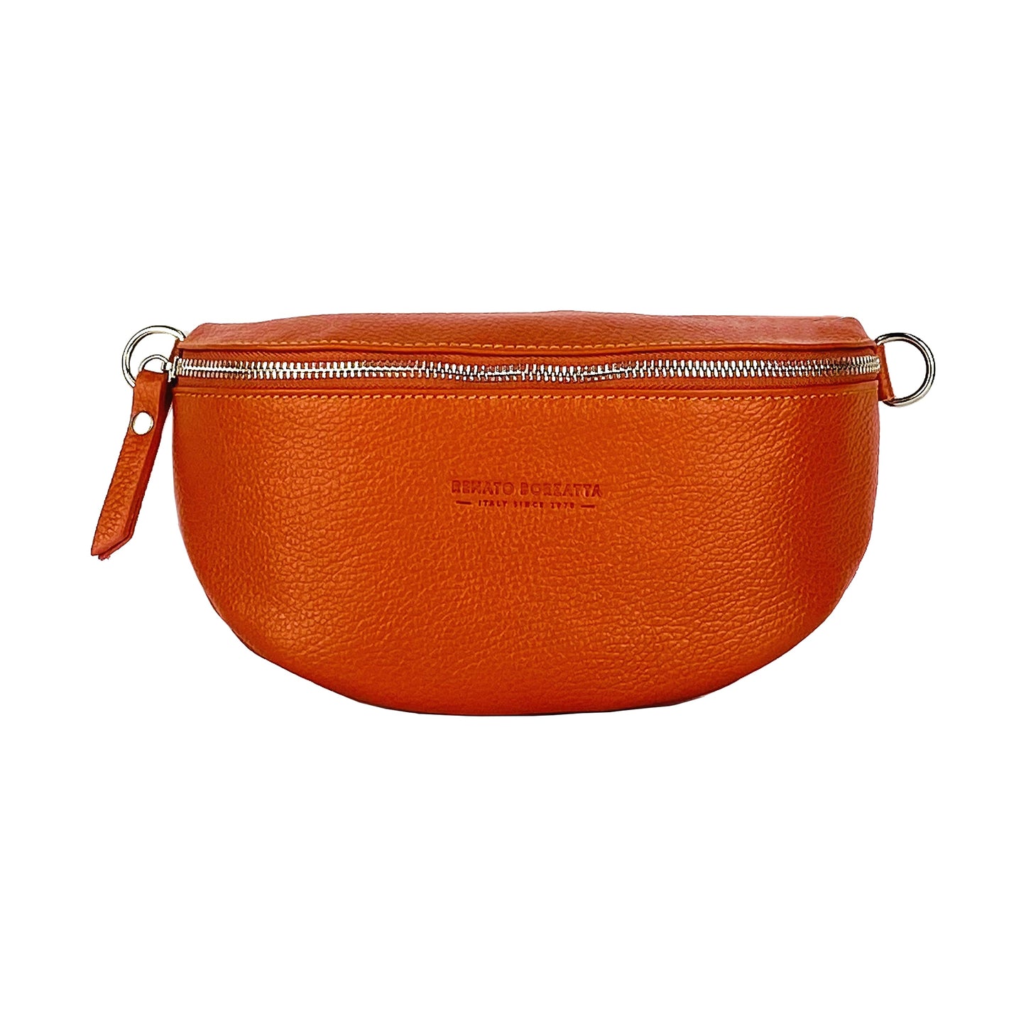 RB1015L | Waist bag with removable shoulder strap in Genuine Leather Made in Italy. Attachments with shiny nickel metal snap hooks - Orange color - Dimensions: 24 x 14 x 7-1
