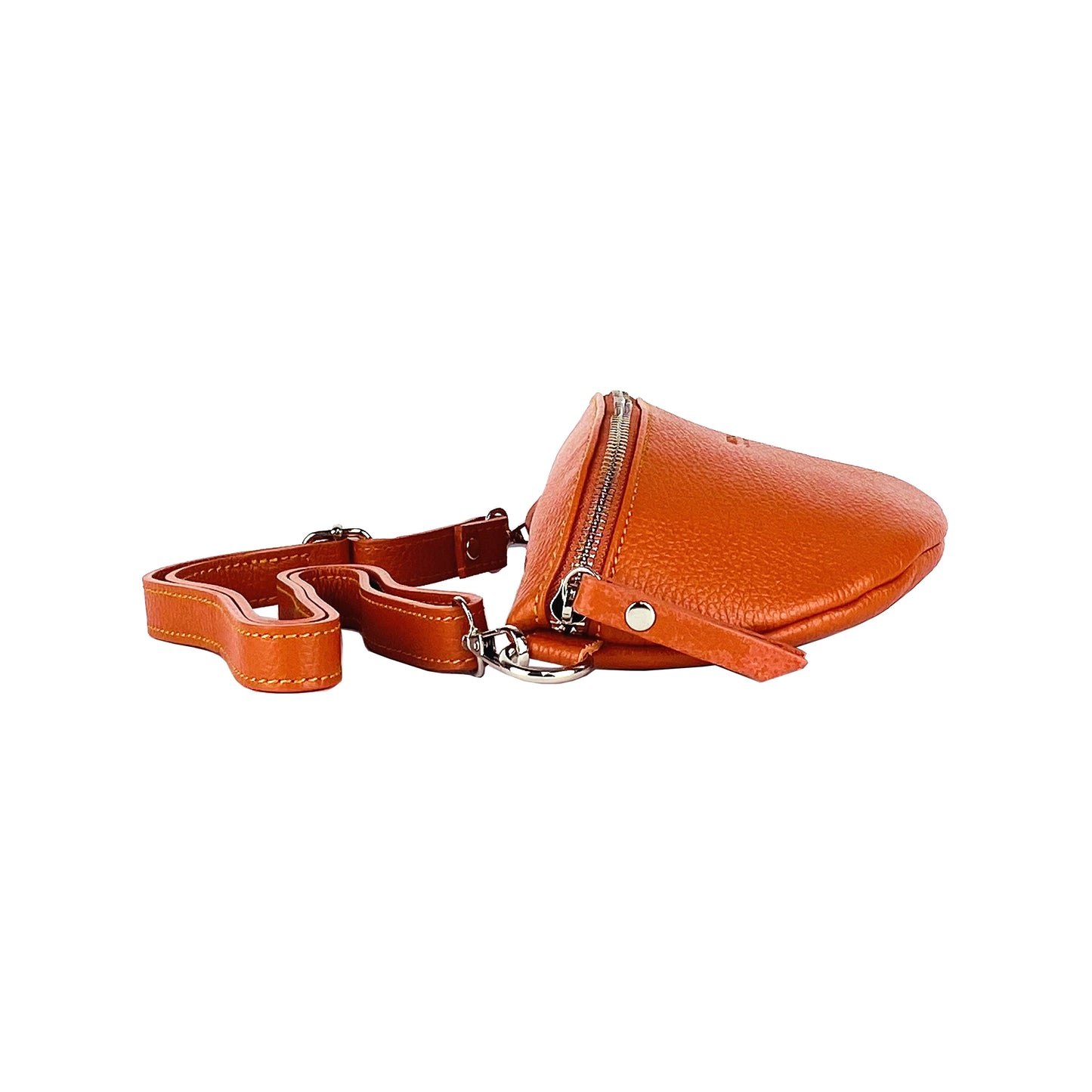 RB1015L | Waist bag with removable shoulder strap in Genuine Leather Made in Italy. Attachments with shiny nickel metal snap hooks - Orange color - Dimensions: 24 x 14 x 7-5