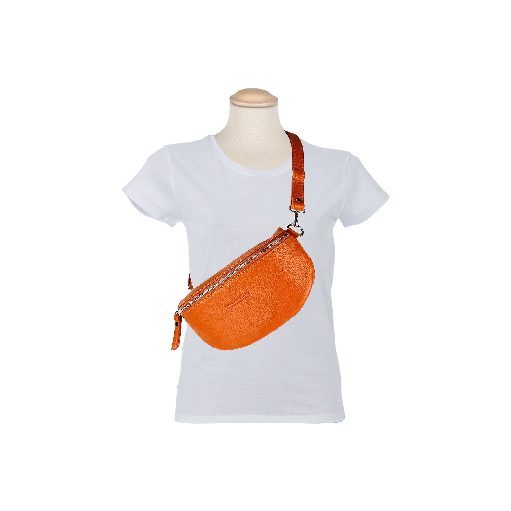 RB1015L | Waist bag with removable shoulder strap in Genuine Leather Made in Italy. Attachments with shiny nickel metal snap hooks - Orange color - Dimensions: 24 x 14 x 7-6