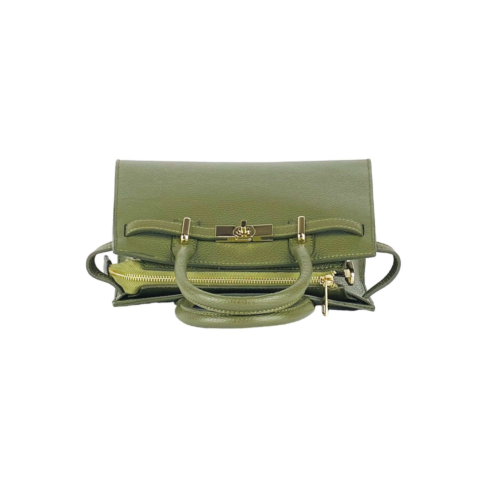 RB1016AG | Women's handbag in genuine leather Made in Italy with removable shoulder strap. Shiny Gold metal snap hooks - Olive Green color - Dimensions: 28 x 20 x 14 + 12.5 cm-6