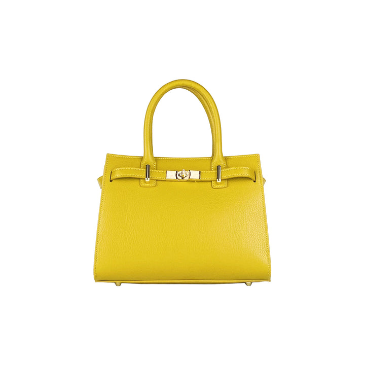 RB1016AR | Women's handbag in genuine leather Made in Italy with removable shoulder strap. Attachments with shiny gold metal snap hooks - Mustard color - Dimensions: 28 x 20 x 14 + 12.5 cm-2