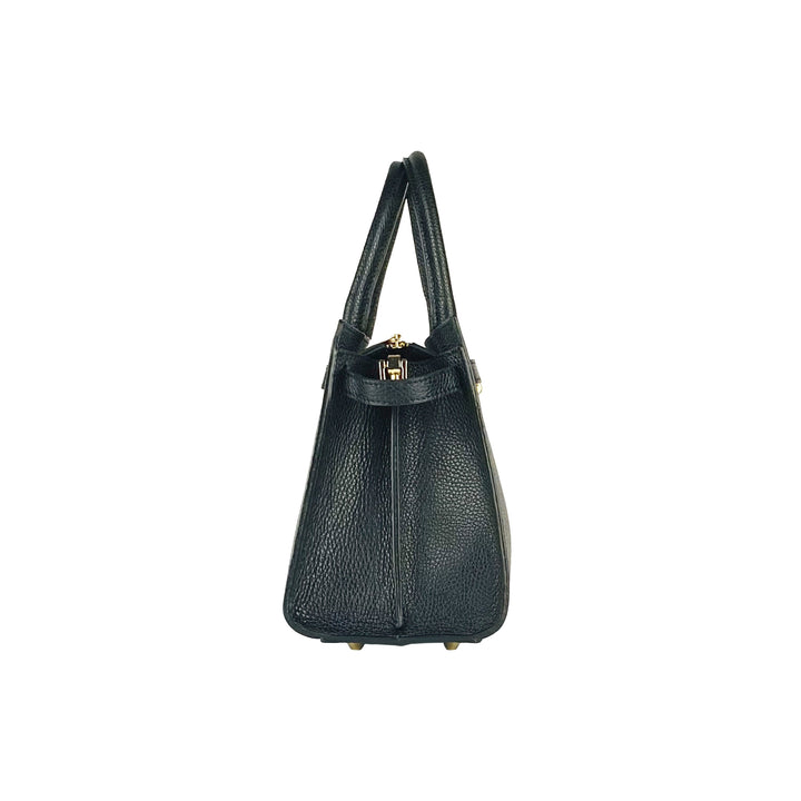 RB1016A | Women's handbag in genuine leather Made in Italy with removable shoulder strap. Attachments with shiny gold metal snap hooks - Black color - Dimensions: 28 x 20 x 14 + 12.5 cm-4