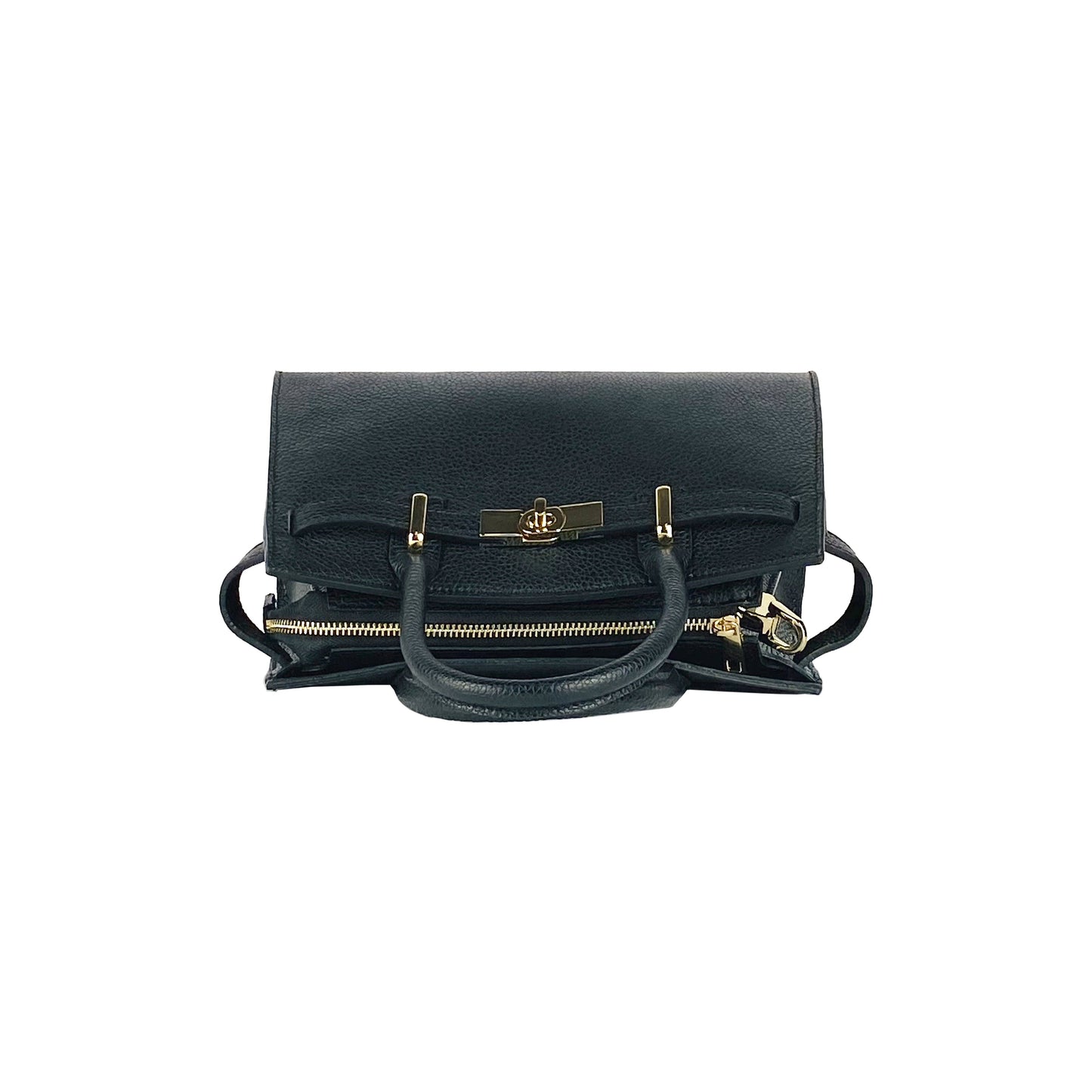 RB1016A | Women's handbag in genuine leather Made in Italy with removable shoulder strap. Attachments with shiny gold metal snap hooks - Black color - Dimensions: 28 x 20 x 14 + 12.5 cm-6