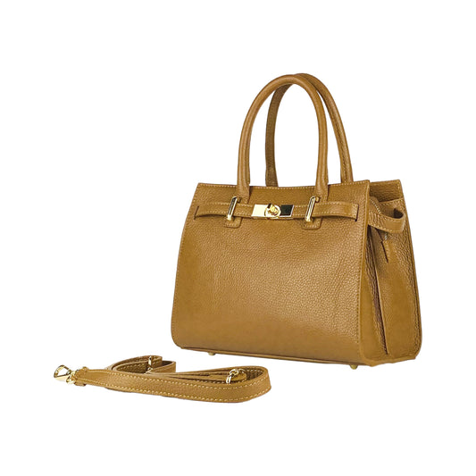 RB1016S | Women's handbag in genuine leather Made in Italy with removable shoulder strap. Attachments with shiny gold metal snap hooks - Cognac color - Dimensions: 28 x 20 x 14 + 12.5 cm-0
