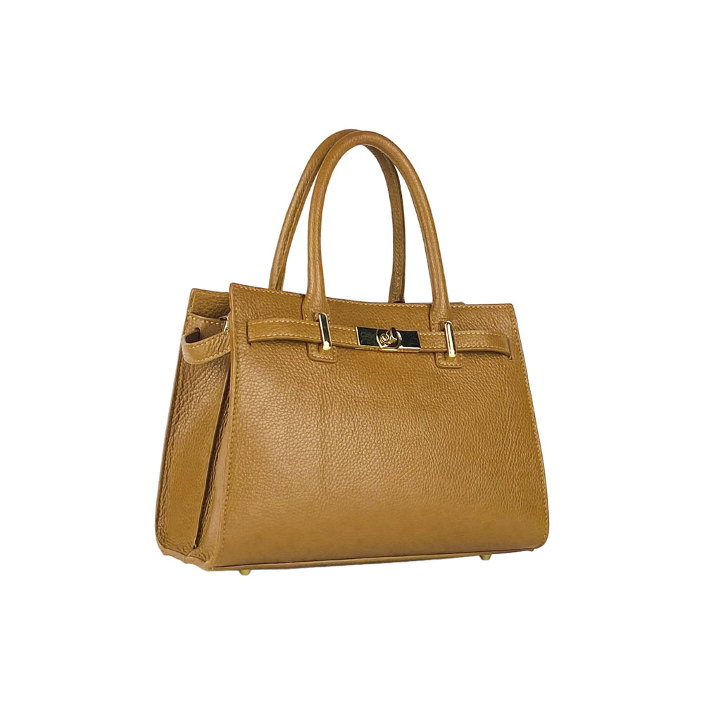 RB1016S | Women's handbag in genuine leather Made in Italy with removable shoulder strap. Attachments with shiny gold metal snap hooks - Cognac color - Dimensions: 28 x 20 x 14 + 12.5 cm-1